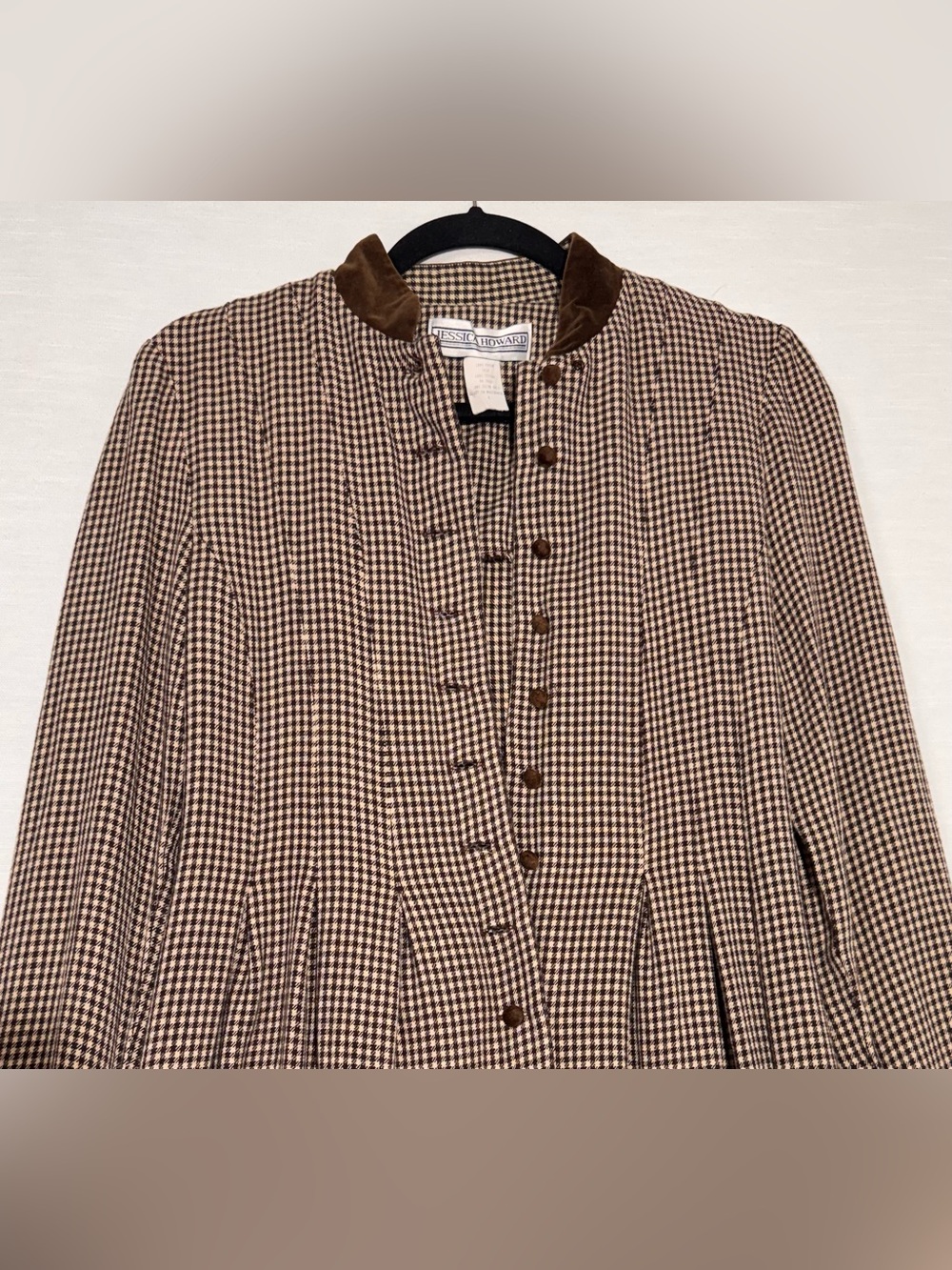 VTG Jessica Howard Brown & Cream Houndstooth Long-Sleeve Dress w Velvet Collar